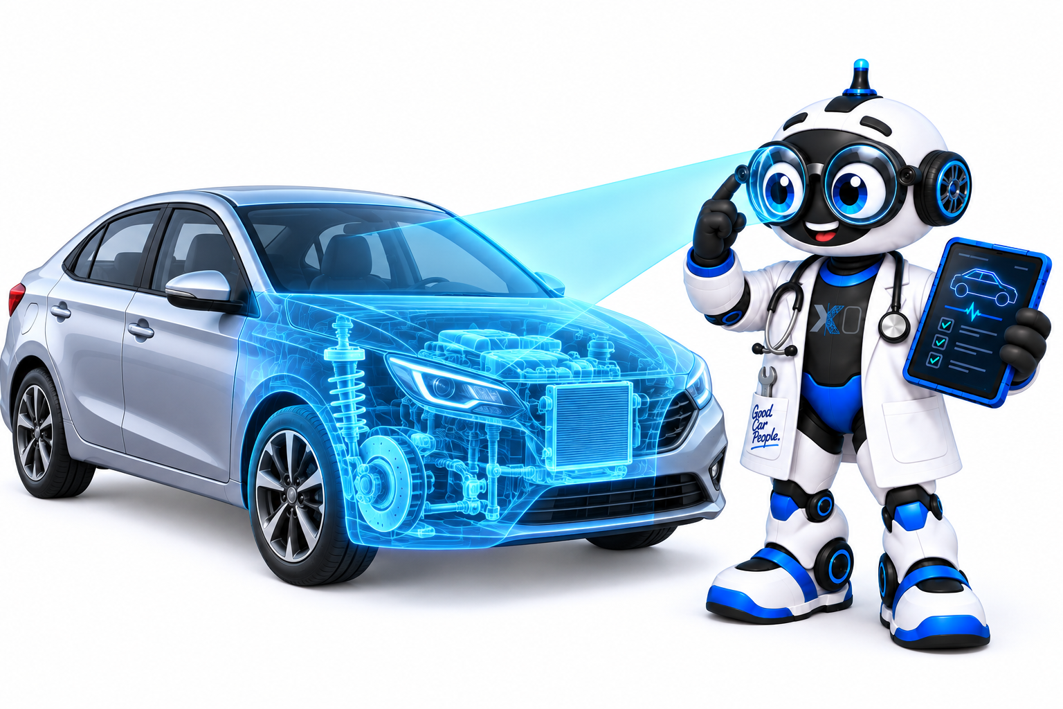 Auto uses his glasses to scan a car, revealing the engine and front-end parts.